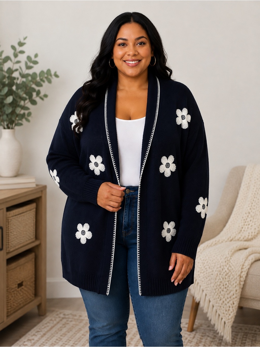 Lane Bryant Women’s 18/20 Navy Floral Embroidered Open Front Knit Cardigan